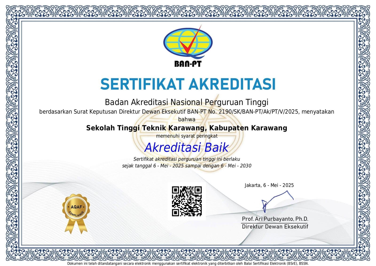 Sertifikat akreditasi Institusi dari BAN-PT — peringkat Baik